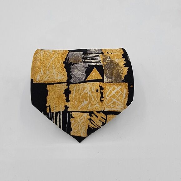Mens Necktie Villa Bugatti multicolor geometric 100% silk, Black Gold 57 By 4In - Picture 1 of 7